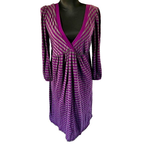 EUC Splendid dress sz L purple and heathered grey stripes. 3/4 sleeves deep V - Picture 1 of 12